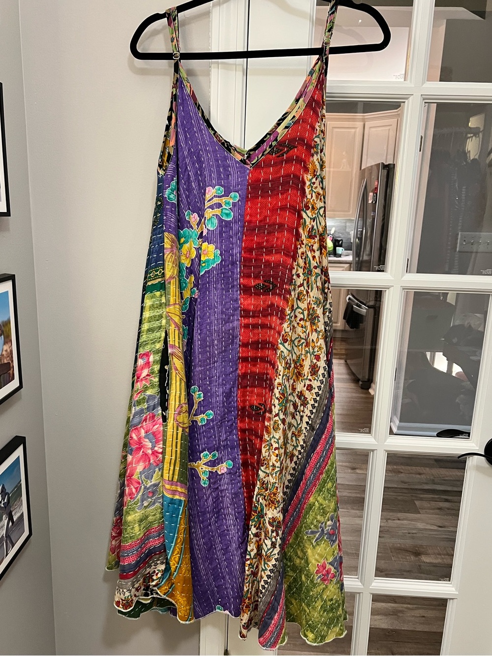 Boho Kantha Patchwork Maxi Slip Dress in Purple, Red, Green & Yellow